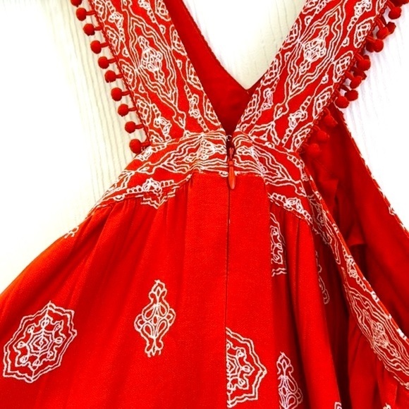 Ann Taylor Loft - Orange Floral White Design V Neck Pom Poms Midi Dress Size SM - Picture 13 of 14